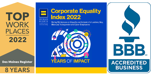 Image displaying Top Workplaces to work logo, Corporate Equality Index Logo, and Better Business Bureau Accredited Logo.