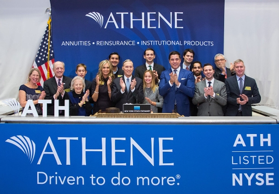 Jim Belardi, CEO of Athene Holding Ltd, rings the opening bell on the New York Stock Exchange.